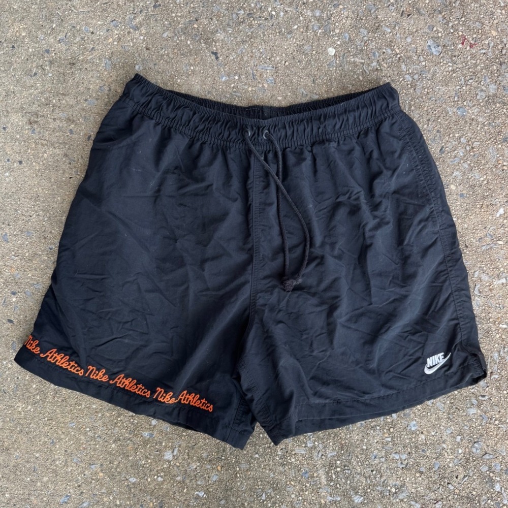 Nike Athletics Mens Black Orange Script Mesh Lined Swim Gym Shorts Large